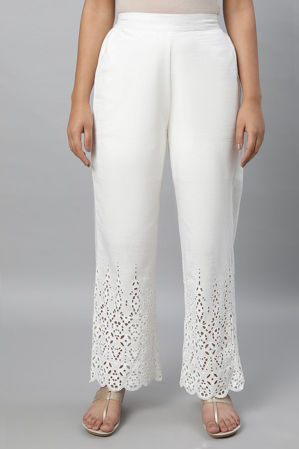 Elleven Women's White Embroidered Straight Fit Cotton Palazzo With Side Pockets