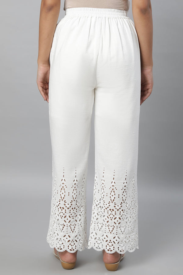 Elleven Women's White Embroidered Straight Fit Cotton Palazzo With Side Pockets