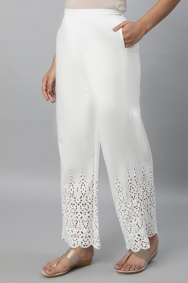 Elleven Women's White Embroidered Straight Fit Cotton Palazzo With Side Pockets