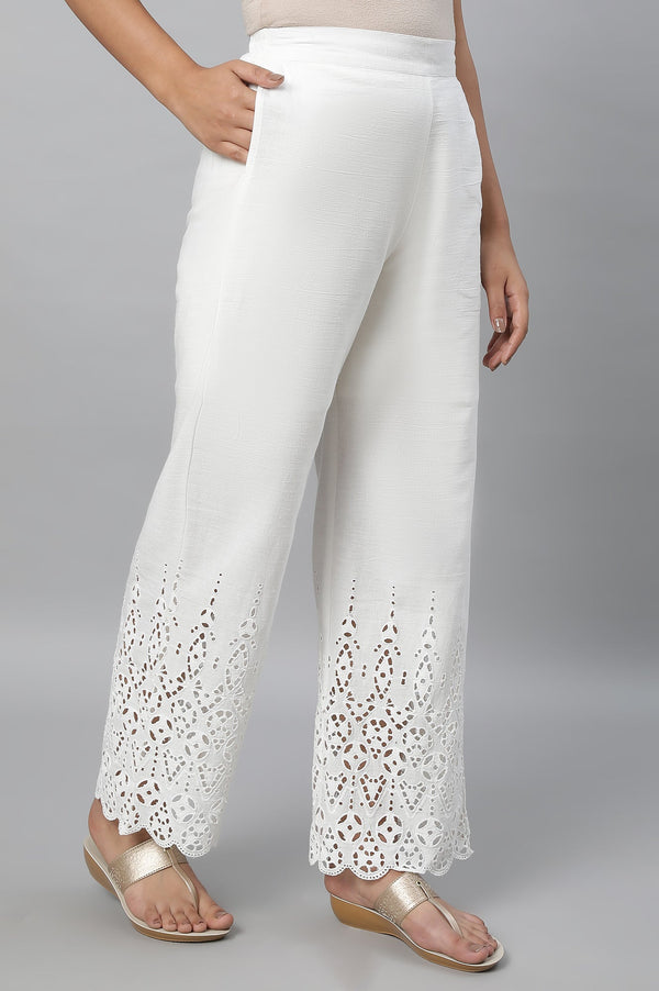 Elleven Women's White Embroidered Straight Fit Cotton Palazzo With Side Pockets