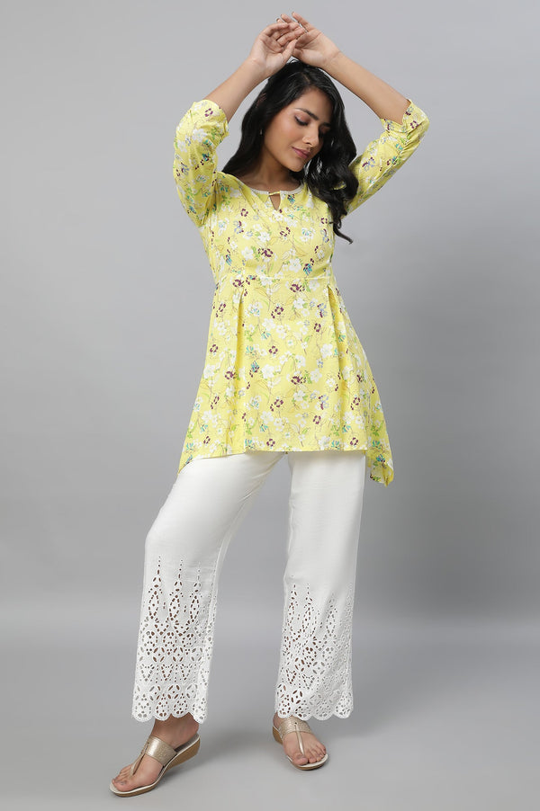 Elleven Women's White Embroidered Straight Fit Cotton Palazzo With Side Pockets