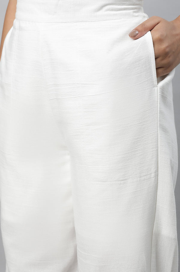 Elleven Women's White Embroidered Straight Fit Cotton Palazzo With Side Pockets