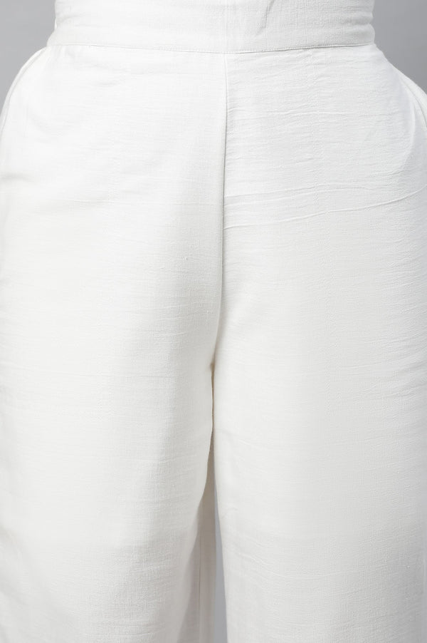Elleven Women's White Embroidered Straight Fit Cotton Palazzo With Side Pockets