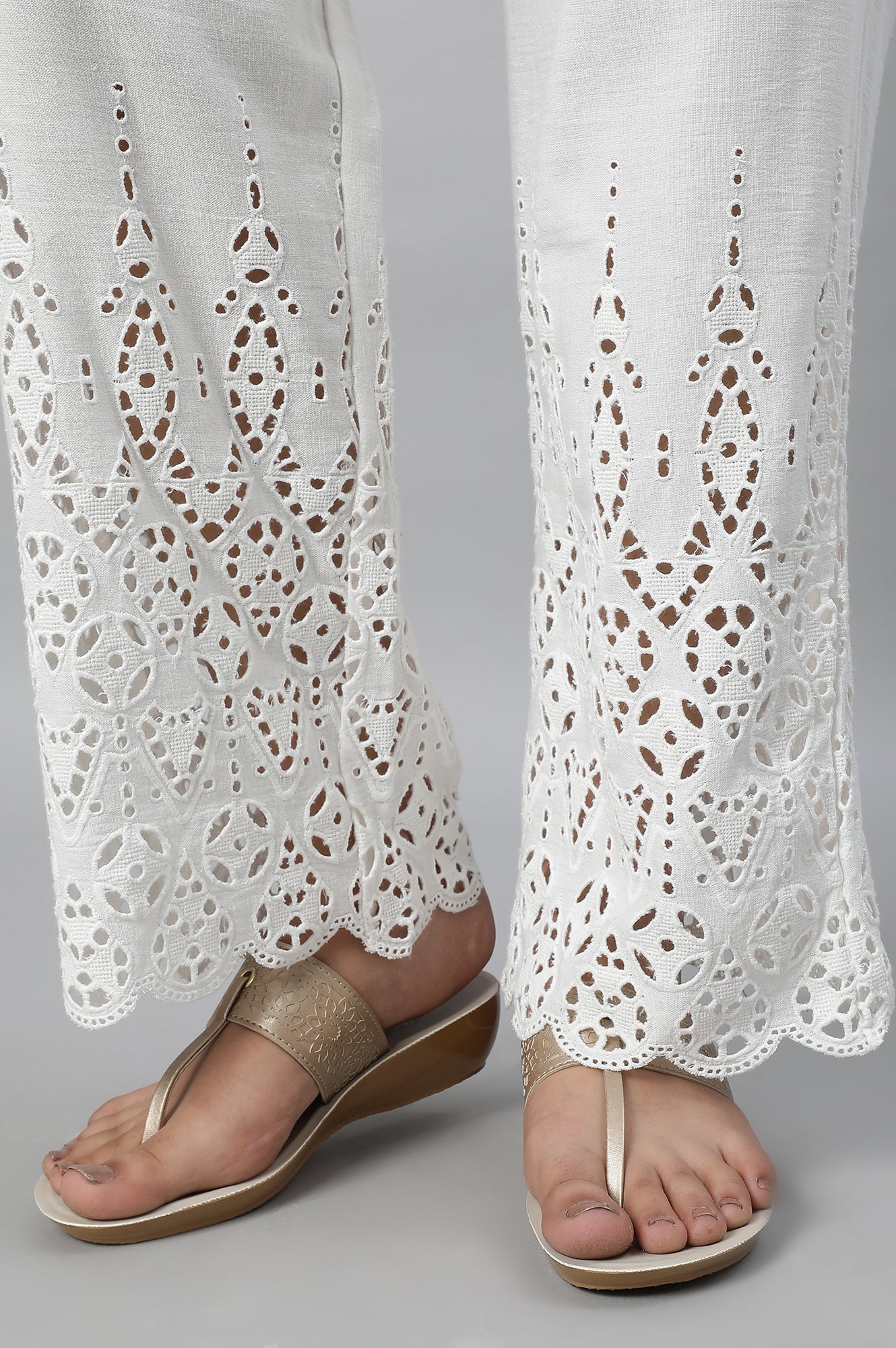 White Embroidered Straight Fit Cotton Palazzo With Side Pockets