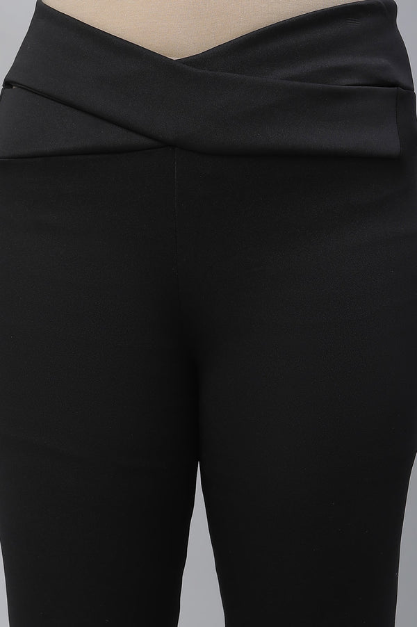 Black Solid Skinny Fit Tights With Criss Cross Waistband