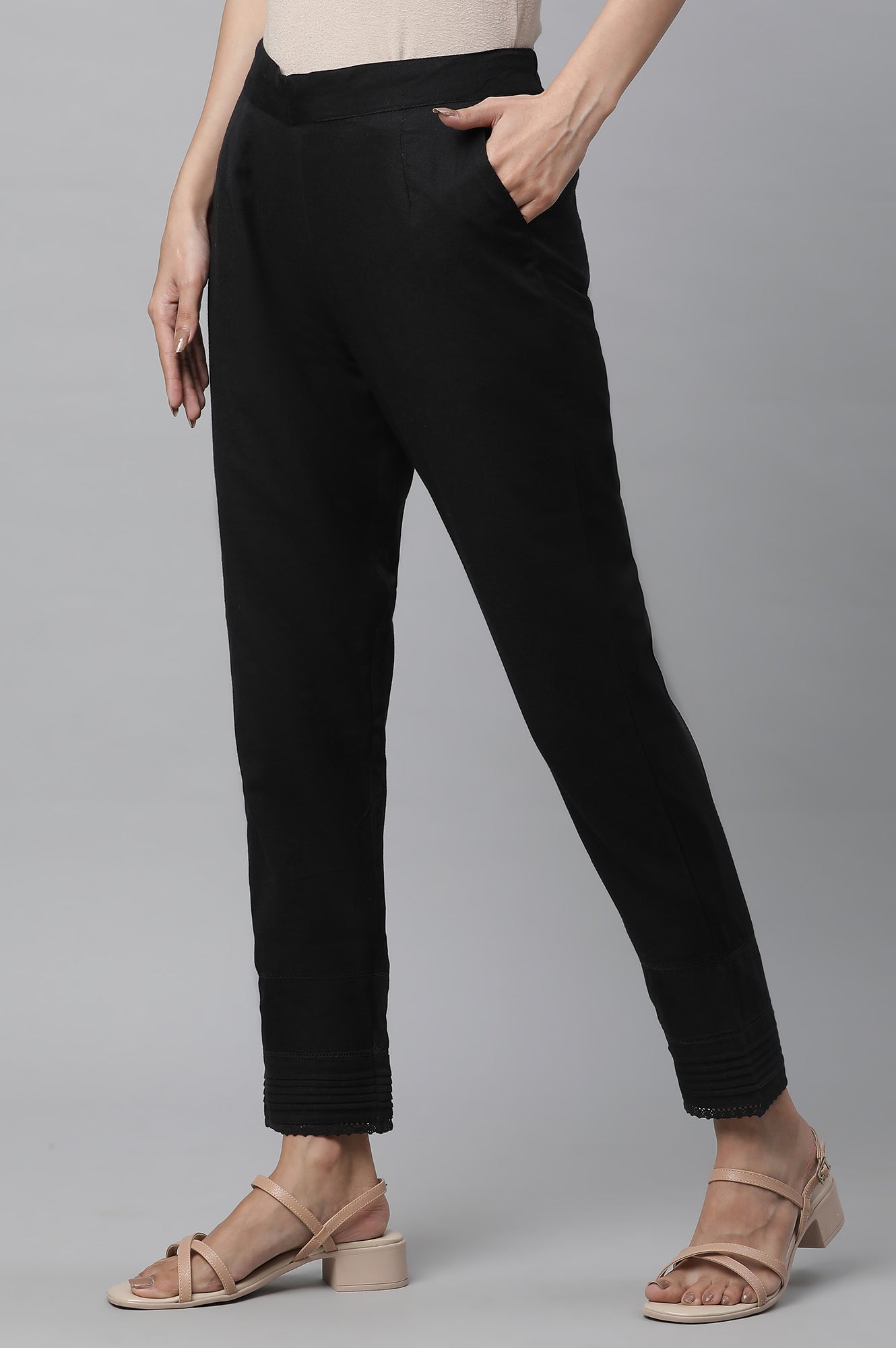 Black Solid Straight Fit Cotton Trousers With Lace Insert