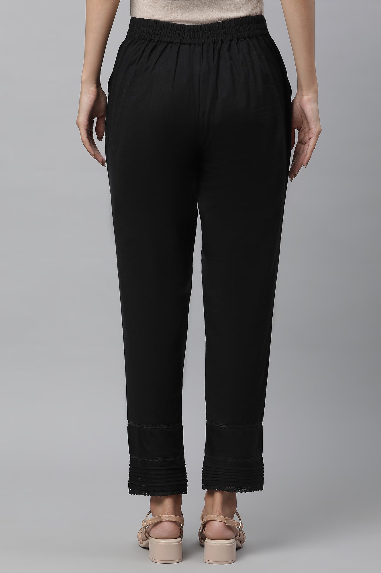 Black Solid Straight Fit Cotton Trousers With Lace Insert