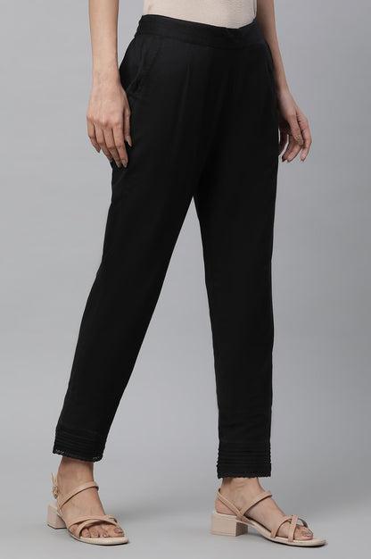 Black Solid Straight Fit Cotton Trousers With Lace Insert