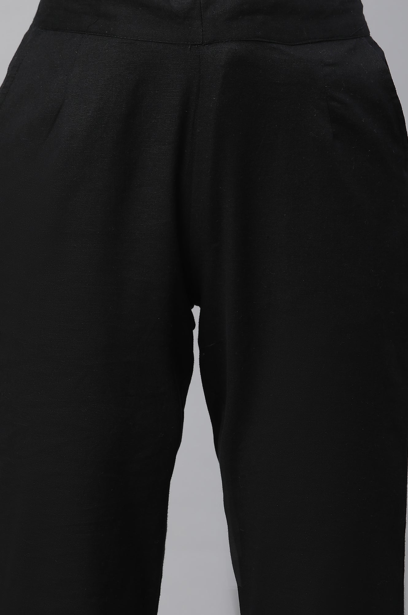 Black Solid Straight Fit Cotton Trousers With Lace Insert