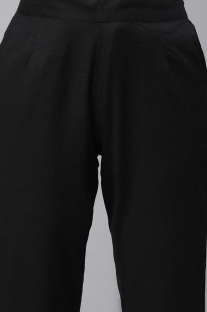 Black Solid Straight Fit Cotton Trousers With Lace Insert