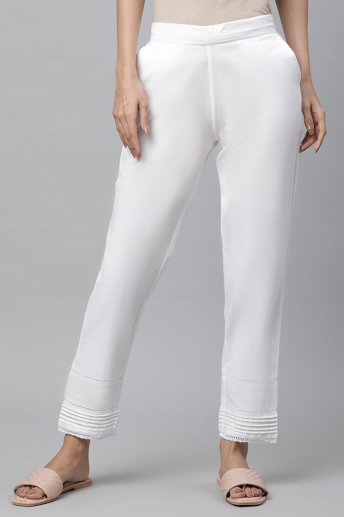 Elleven Women's White Solid Straight Fit Cotton Trousers With Lace Inserts - XL