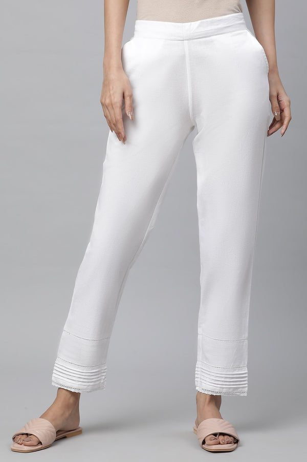 White Solid Straight Fit Cotton Trousers With Lace Inserts
