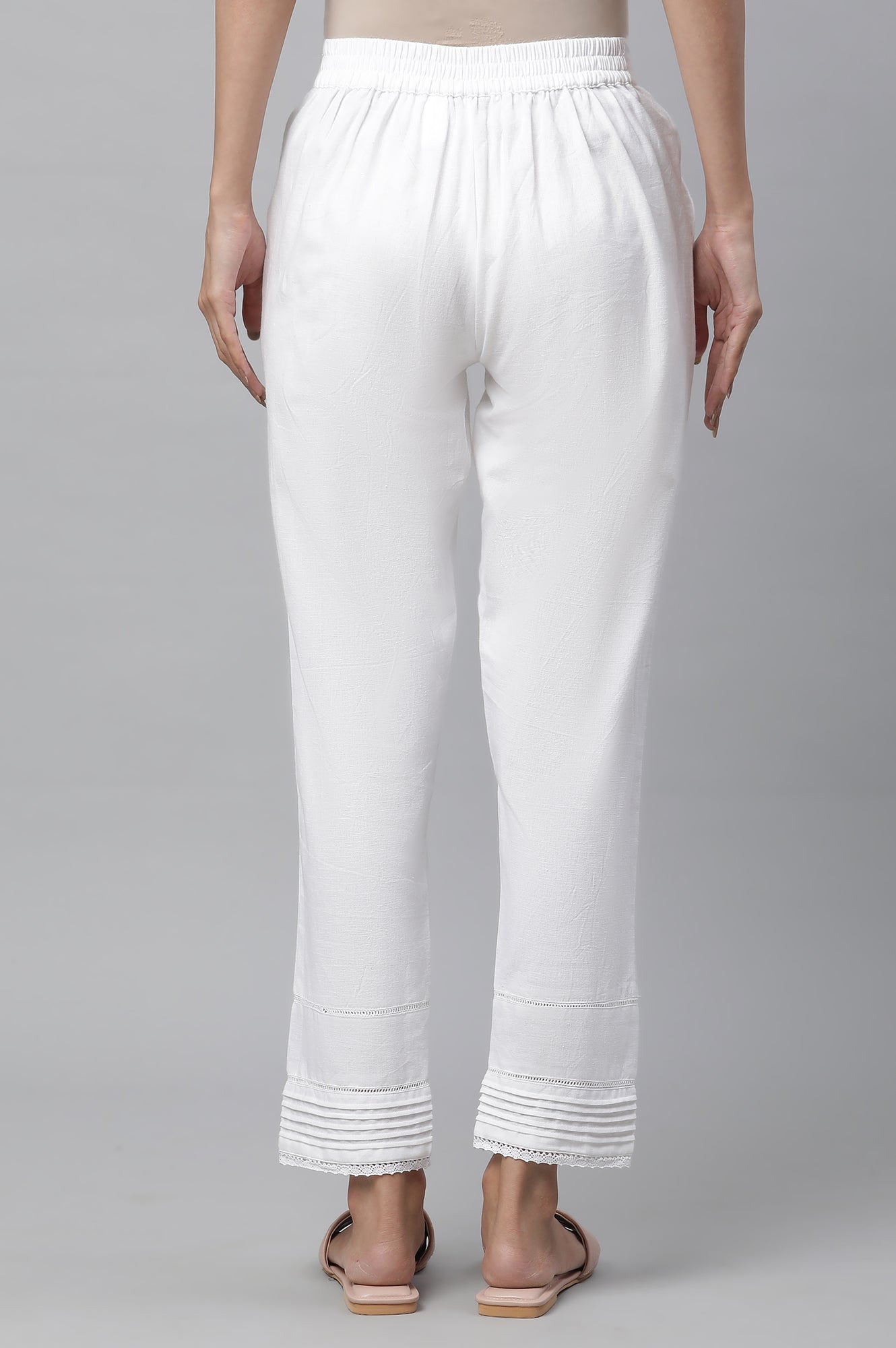 White Solid Straight Fit Cotton Trousers With Lace Inserts