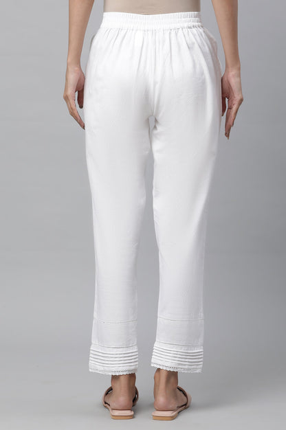 White Solid Straight Fit Cotton Trousers With Lace Inserts
