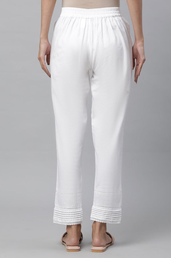 White Solid Straight Fit Cotton Trousers With Lace Inserts