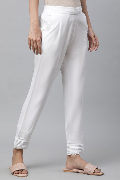 White Solid Straight Fit Cotton Trousers With Lace Inserts