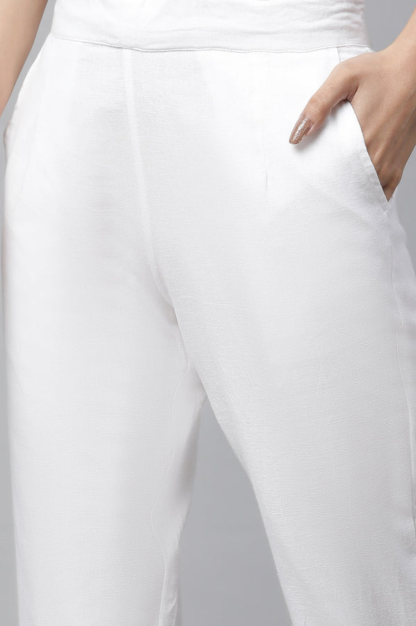 White Solid Straight Fit Cotton Trousers With Lace Inserts