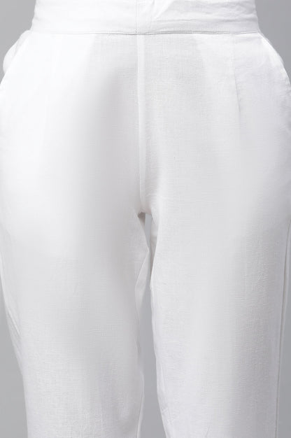 White Solid Straight Fit Cotton Trousers With Lace Inserts
