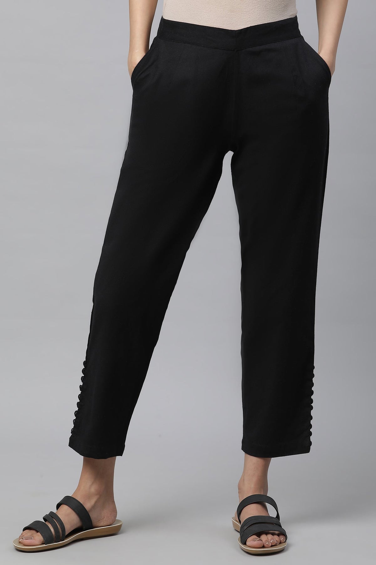 Elleven Women's Black Solid Straight Fit Cotton Pants With Button Detail - XS