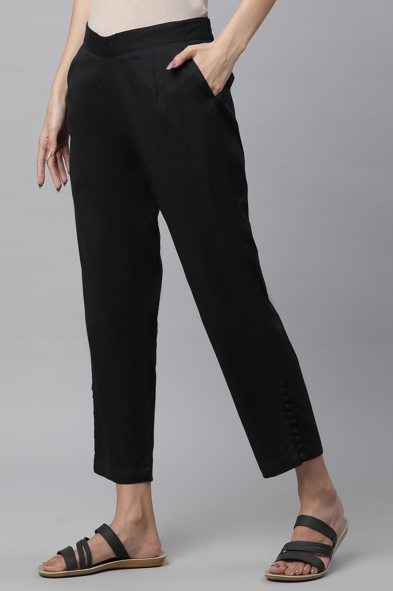 Black Solid Straight Fit Cotton Pants With Button Detail