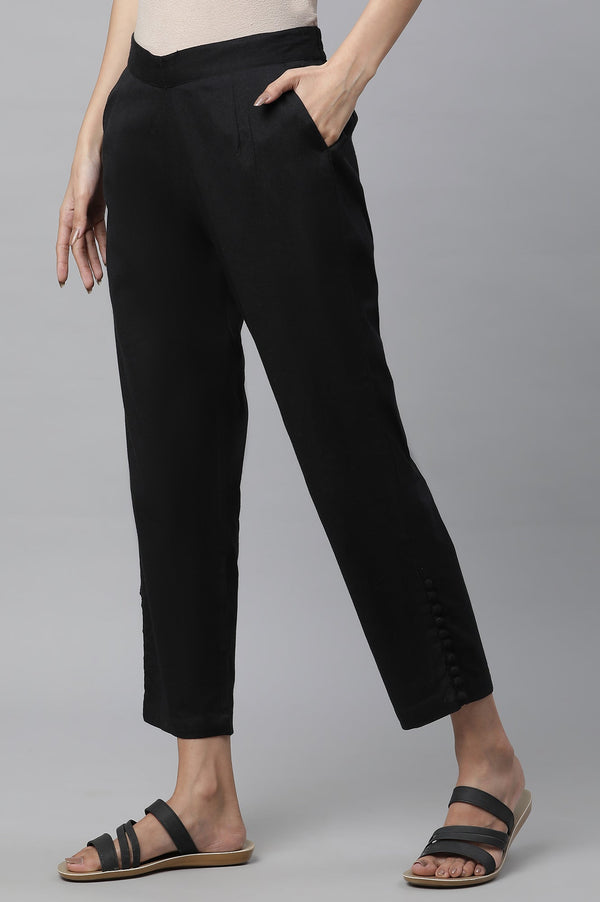 Black Solid Straight Fit Cotton Pants With Button Detail