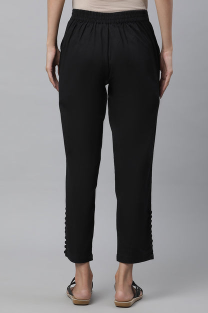 Black Solid Straight Fit Cotton Pants With Button Detail