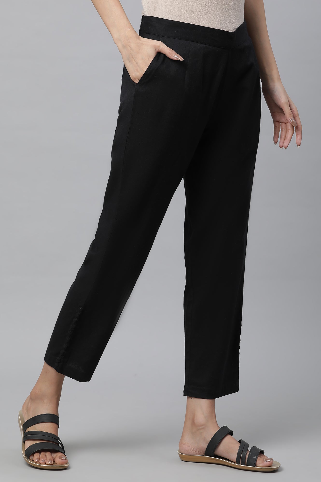 Black Solid Straight Fit Cotton Pants With Button Detail