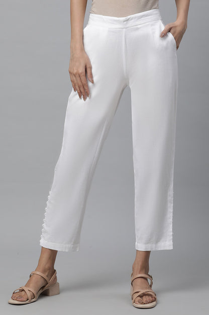 White Solid Straight Fit Cotton Trousers With Button Detail