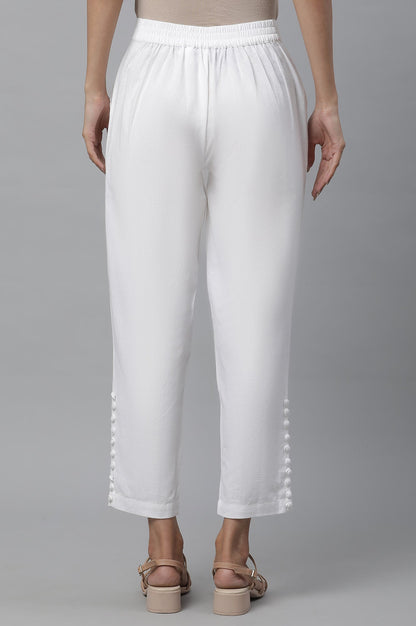 White Solid Straight Fit Cotton Trousers With Button Detail