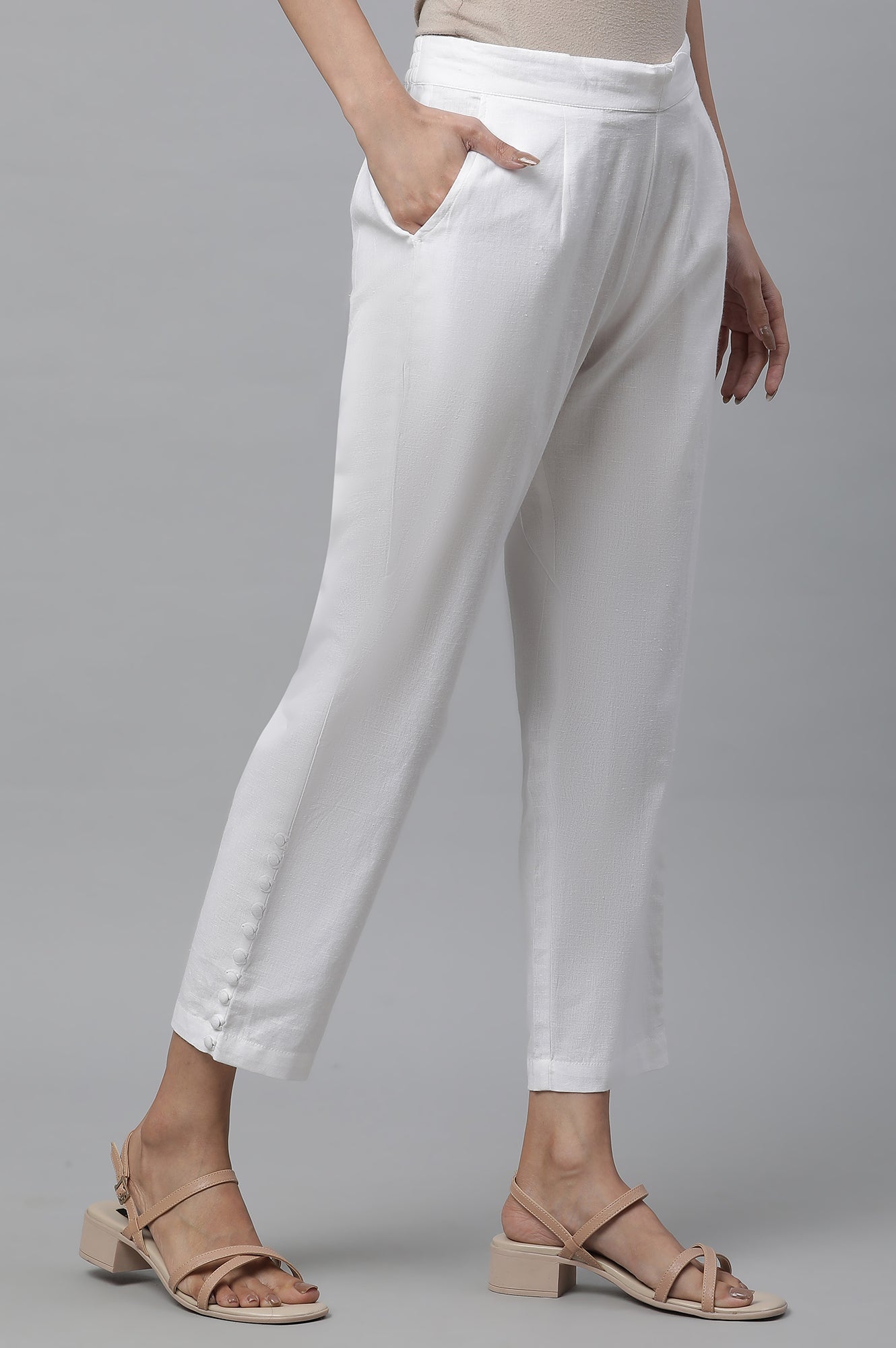 White Solid Straight Fit Cotton Trousers With Button Detail