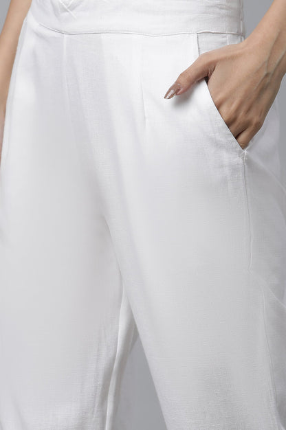 White Solid Straight Fit Cotton Trousers With Button Detail