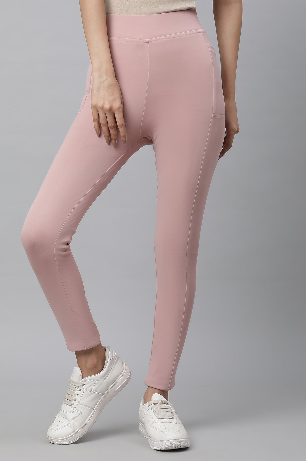 Elleven Women's Pink Solid Skinny Fit Tights With Elasticated Waist - M