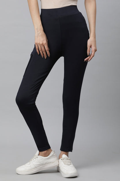 Navy Blue Solid Skinny Fit Tights With Elasticated Waist