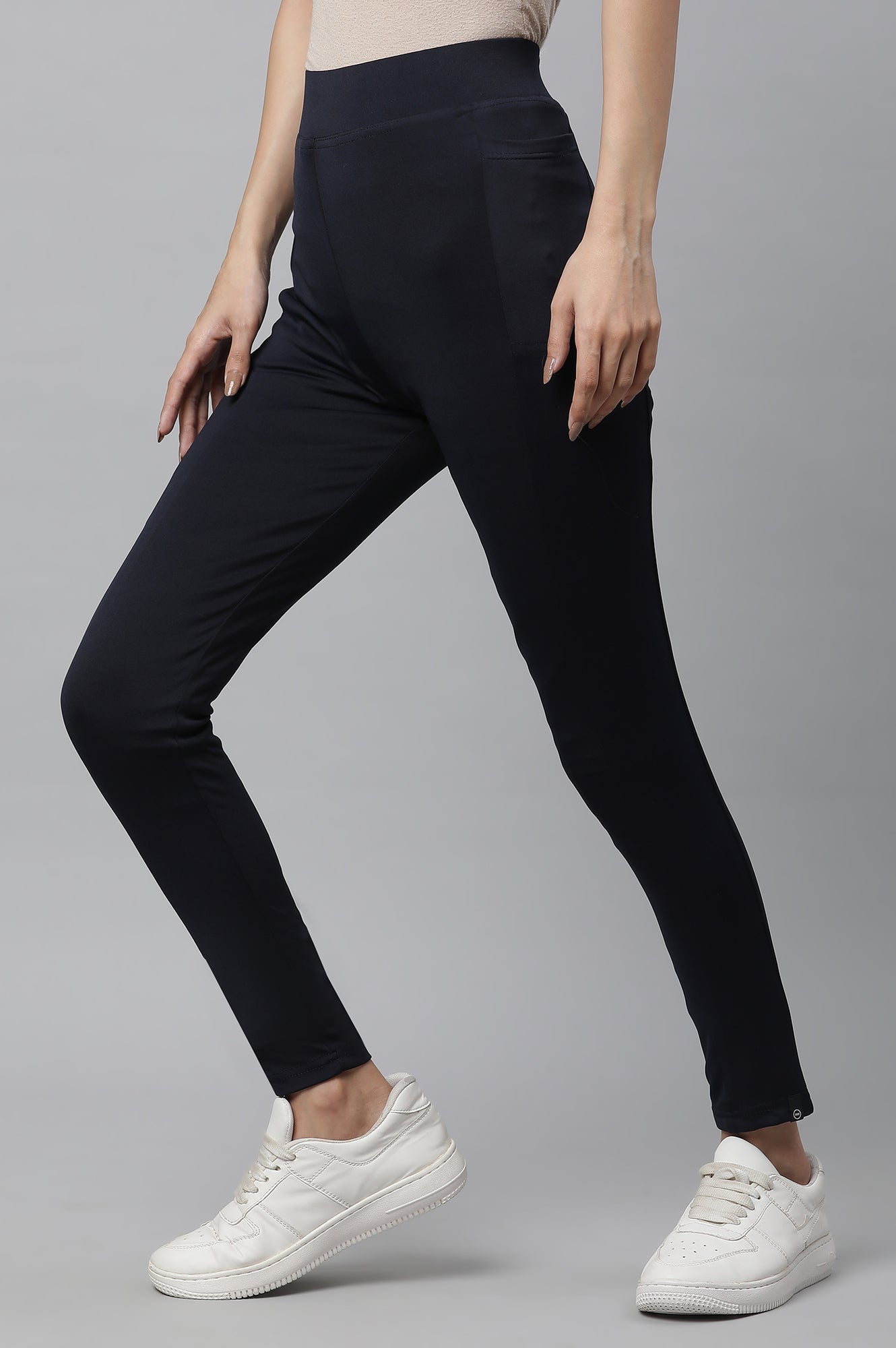 Navy Blue Solid Skinny Fit Tights With Elasticated Waist