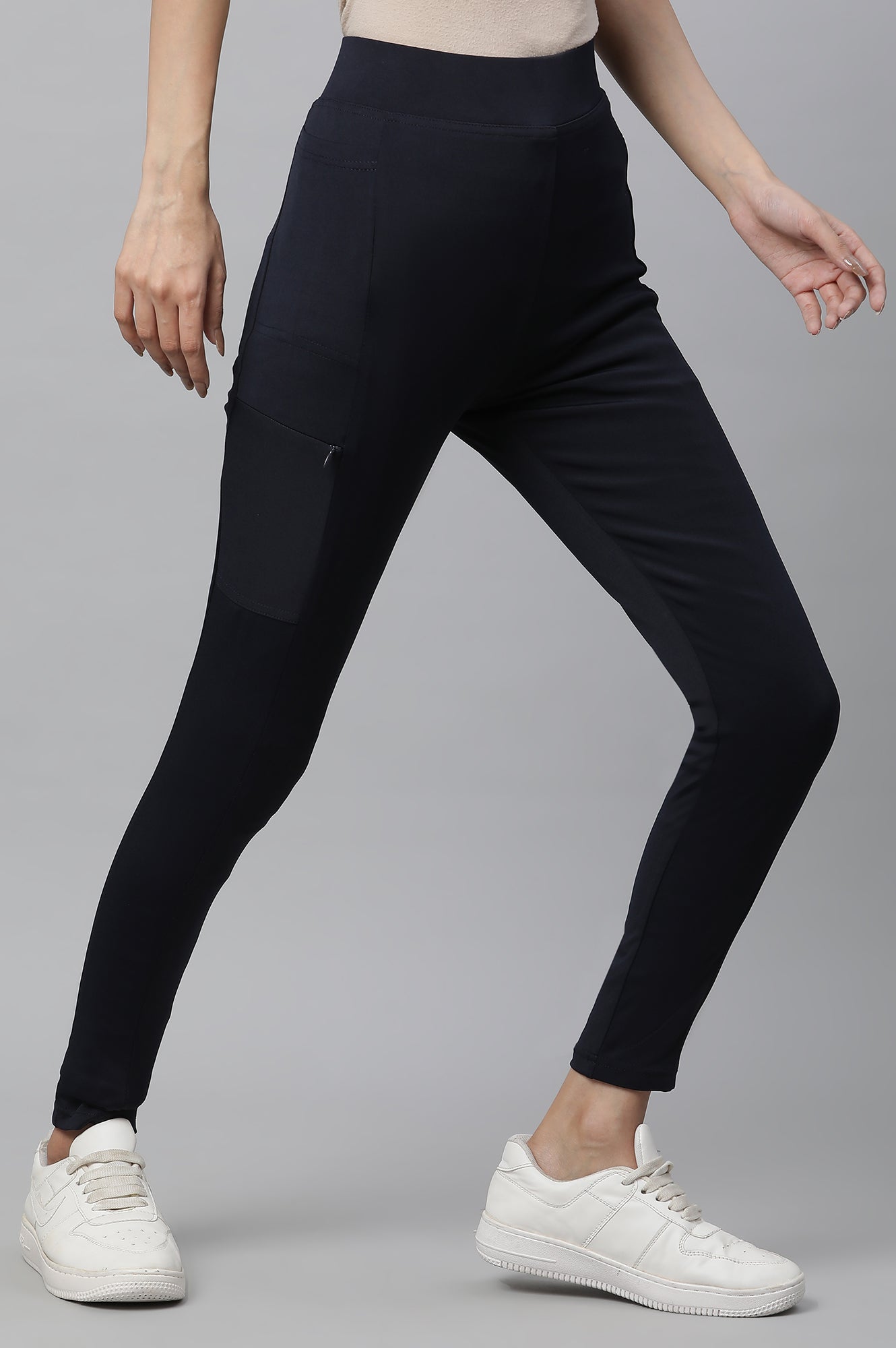 Navy Blue Solid Skinny Fit Tights With Elasticated Waist