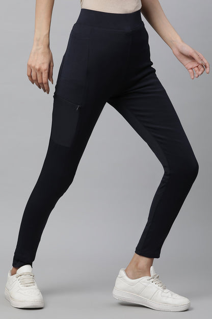 Navy Blue Solid Skinny Fit Tights With Elasticated Waist