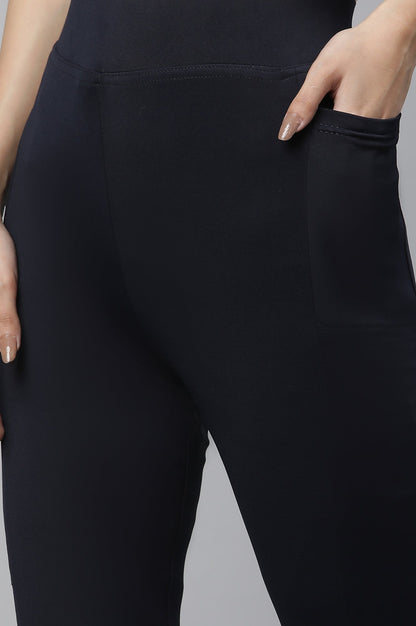 Navy Blue Solid Skinny Fit Tights With Elasticated Waist