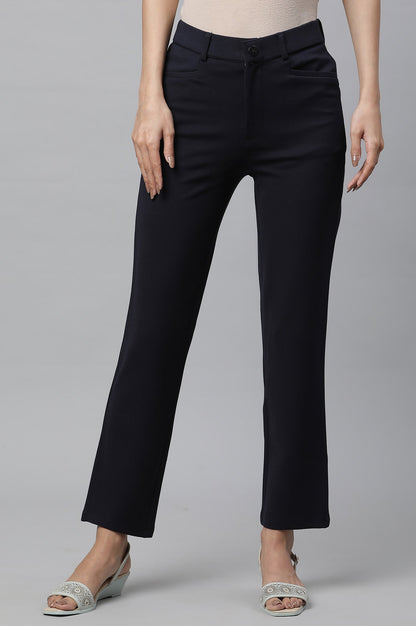 Navy Blue Solid Slim Fit Trousers With Elasticated Waist