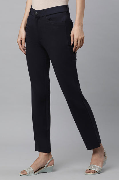 Navy Blue Solid Slim Fit Trousers With Elasticated Waist