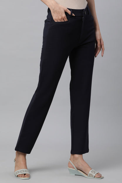 Navy Blue Solid Slim Fit Trousers With Elasticated Waist