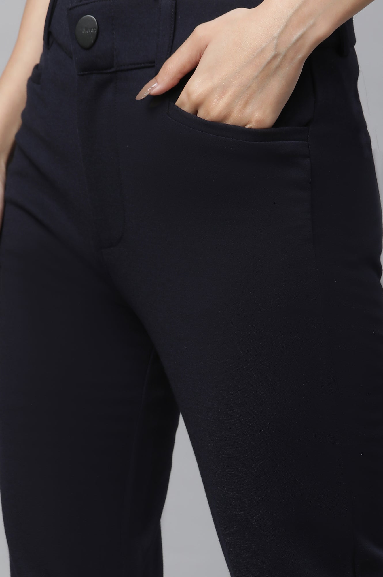 Navy Blue Solid Slim Fit Trousers With Elasticated Waist