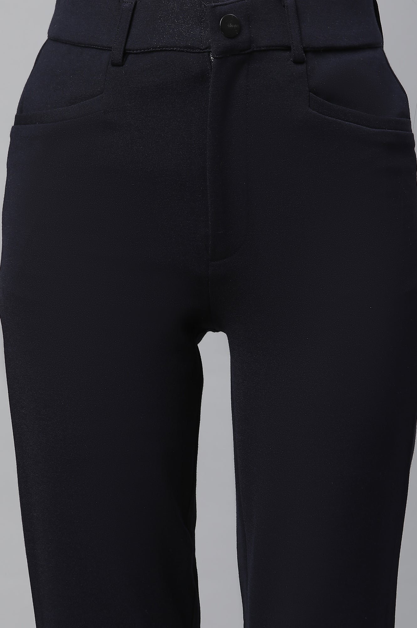 Navy Blue Solid Slim Fit Trousers With Elasticated Waist