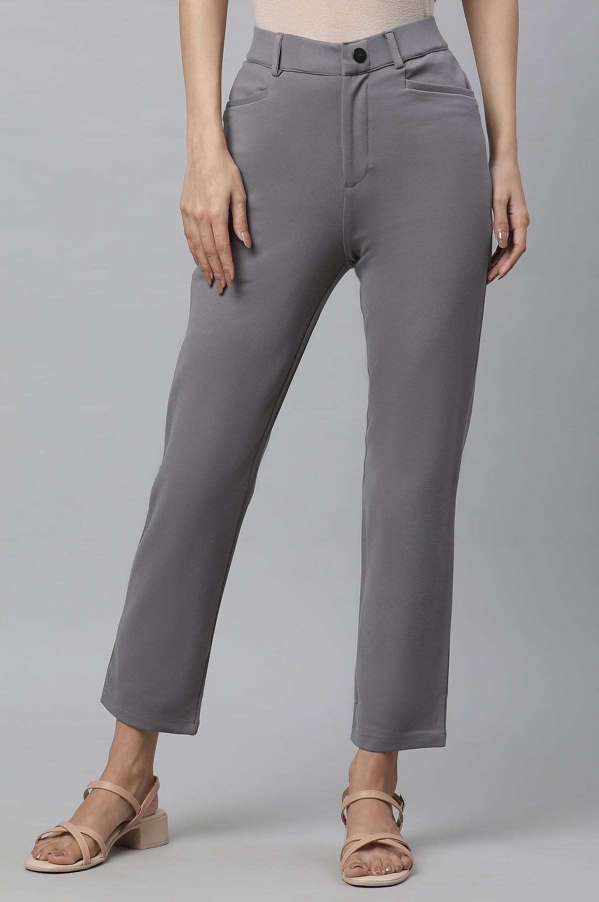 Elleven Women's Grey Solid Slim Fit Pants With Front Zip - S