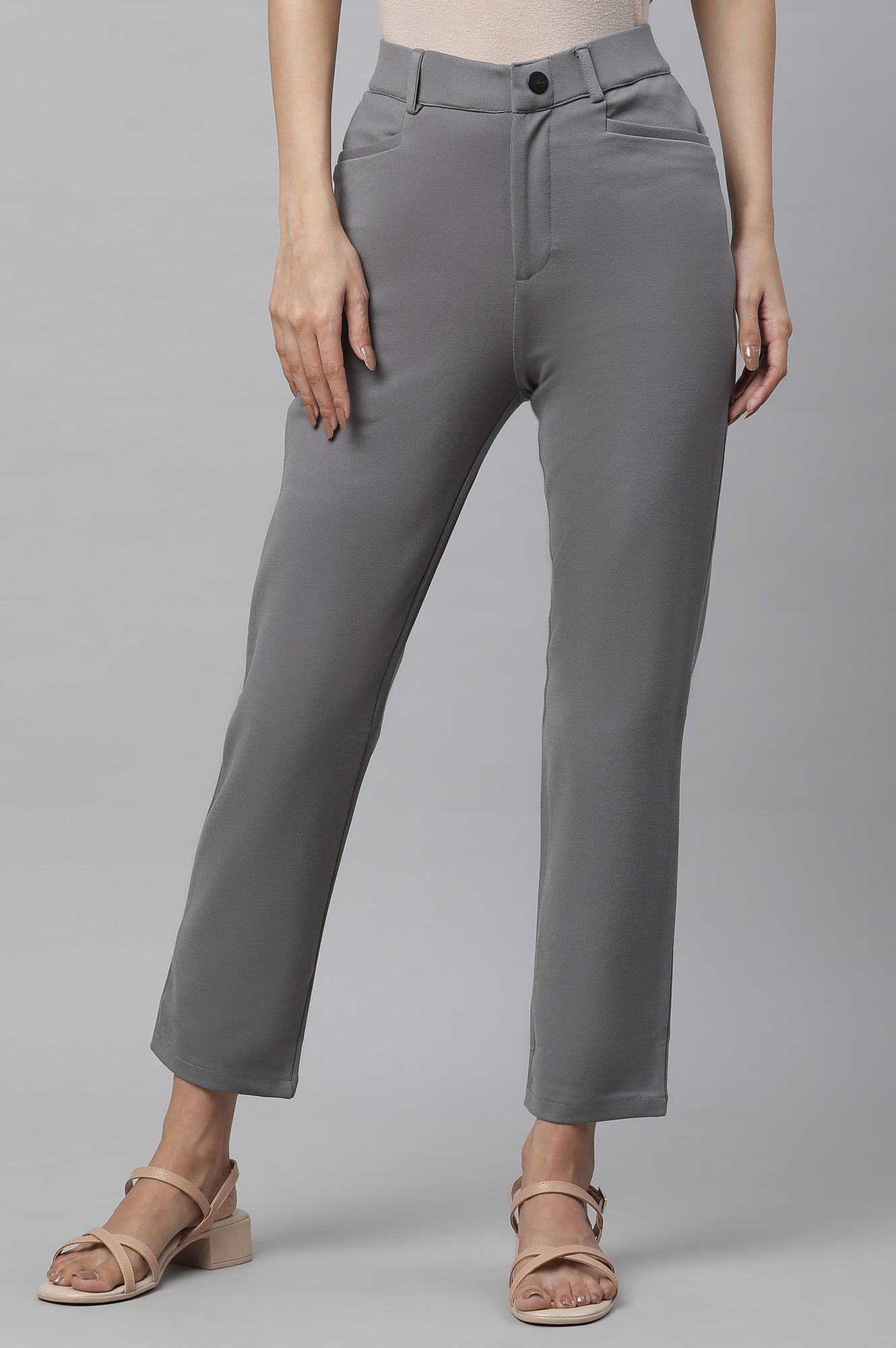 Grey Solid Slim Fit Pants With Front Zip