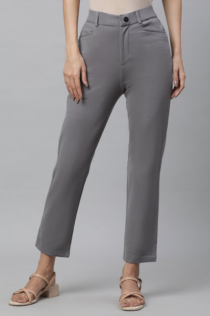 Grey Solid Slim Fit Pants With Front Zip