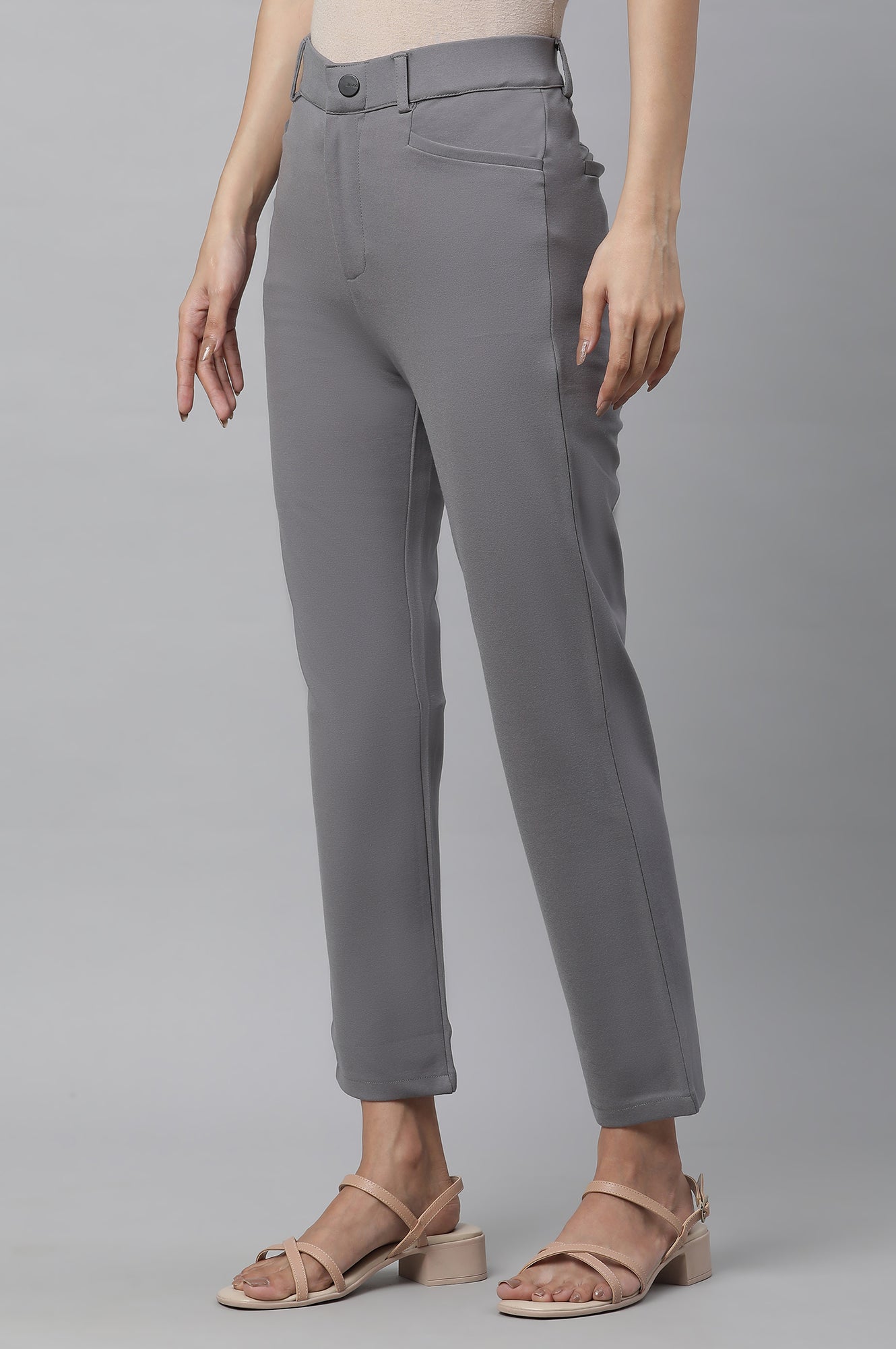 Grey Solid Slim Fit Pants With Front Zip