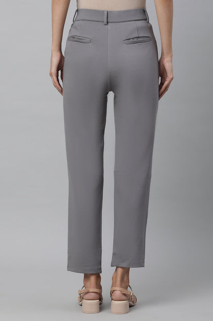 Grey Solid Slim Fit Pants With Front Zip