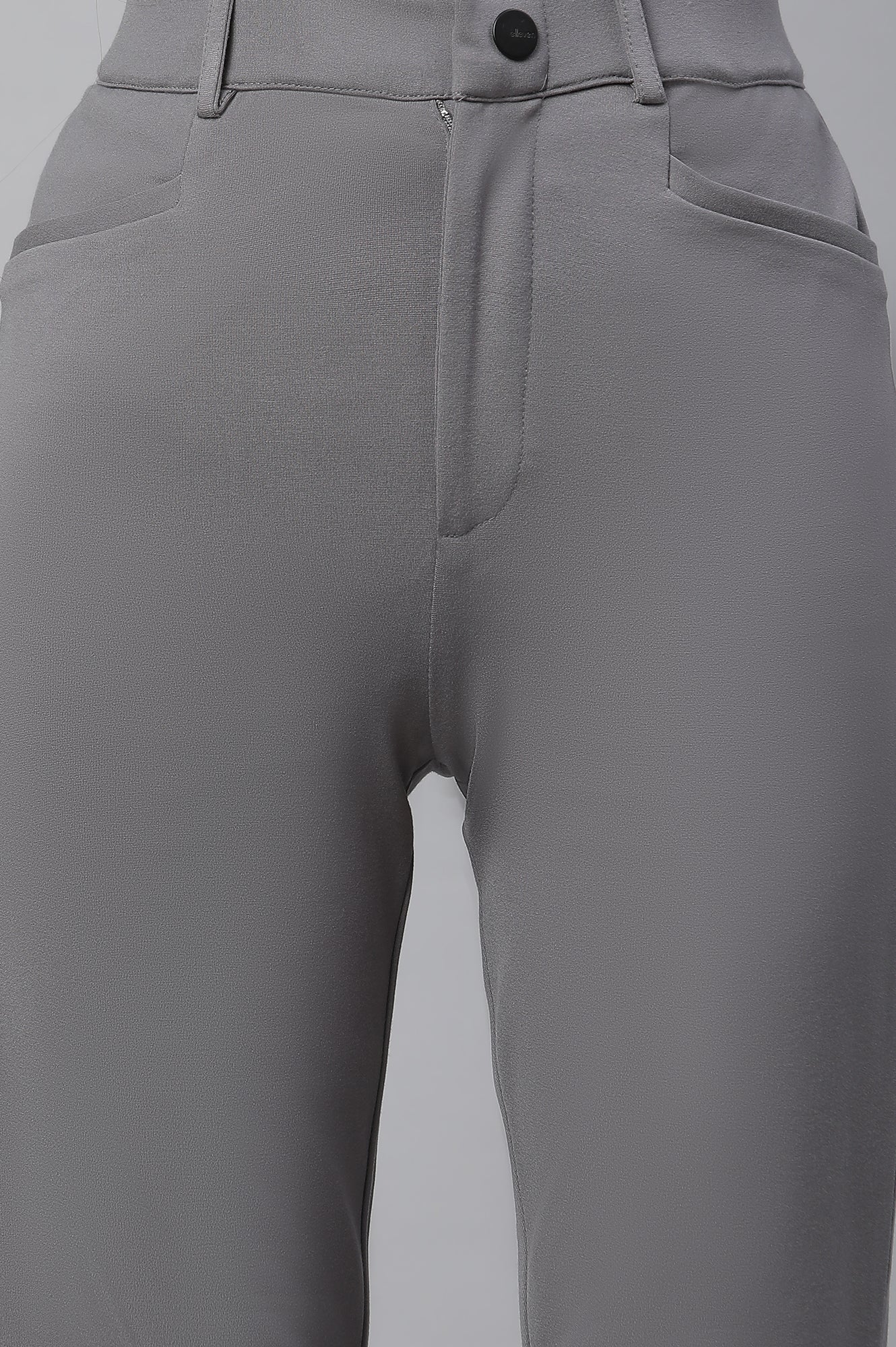 Grey Solid Slim Fit Pants With Front Zip