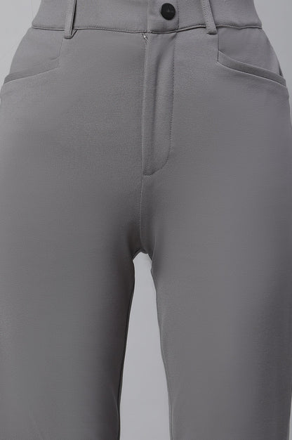 Grey Solid Slim Fit Pants With Front Zip