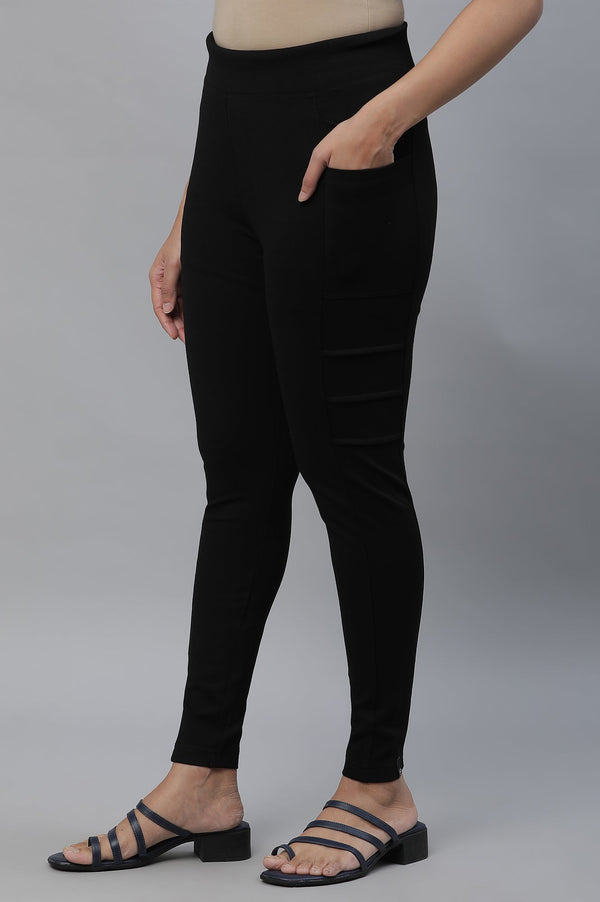 Elleven Women's Black Solid Skinny Fit Tights With Elasticated Waist And Side Pockets